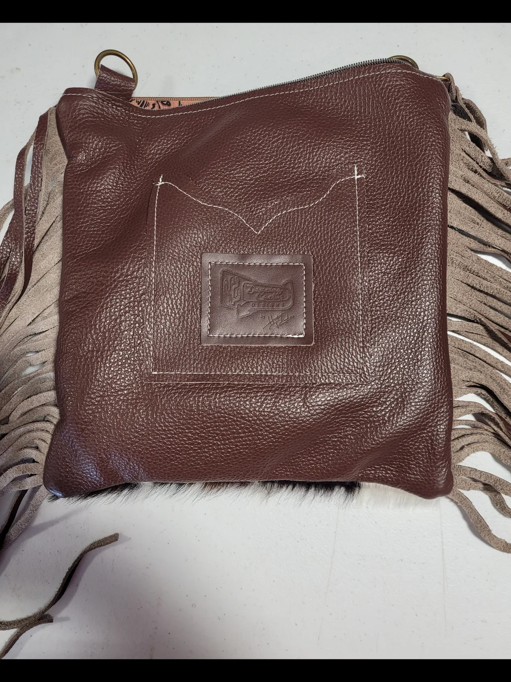Fringe Crossbody Bag with Cowhide and Tooled Leather - Brown/White - Picture 4 of 7